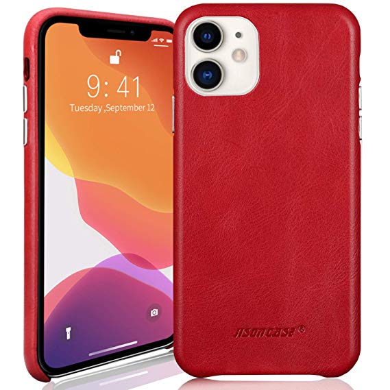 JISONCASE Leather iPhone 11 Case, Genuine Leather iPhone 11 Cover, Ultra Thin, Anti-Slip,Shockproof & Wireless Charger Protective Case for Apple iPhone 11,Red 6.1” (2019)