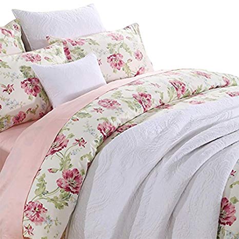 Duvet Cover Set Shabby Flower Farmhouse Bedding Design 800 Thread Count 100% Cotton 3Pcs ,Queen Size,Color 1