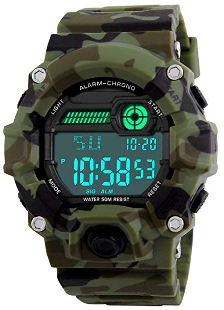 Kids Digital Watches, Boys Sports Military Watch with Alarm/Timer/Shock Resistant, Teenagers Childrens 5 Bars Waterproof Big Face Camouflage Electronic Wrist Watch for Boys by BHGWR