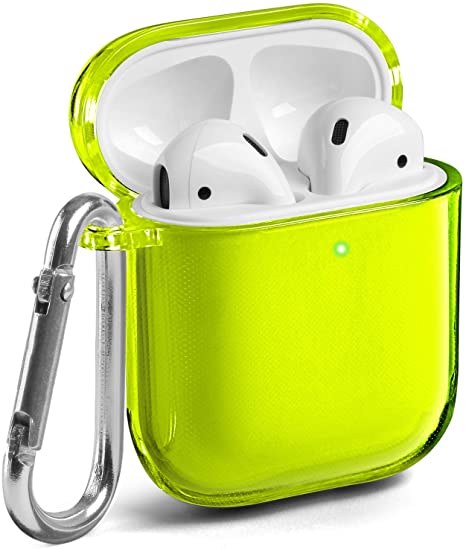 GMYLE AirPod Case, Silicone Protective Cover Skins with Keychain for Airpods Earbuds Wireless Charging Case, Accessories Set Compatible with Apple AirPods 2 & 1, Clear Neon Yellow [Front LED Visible]