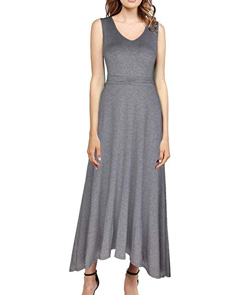OUGES Women's V Neck Sleeveless Casual Long Maxi Dresses