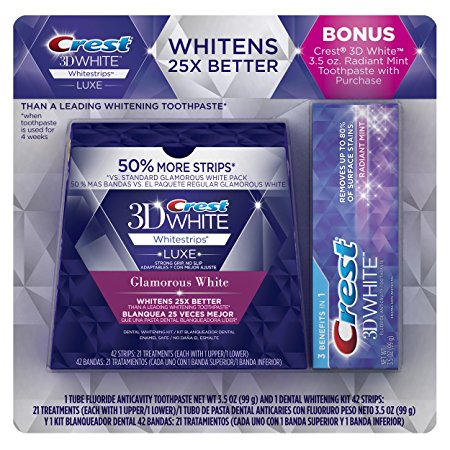 Crest 3D White Luxe Whitestrips Dental Teeth Whitening Strips Kit, Glamorous White, 21 Treatments   BONUS Crest 3D White Radiant Mint Toothpaste