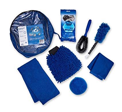 BlueCare Automotive Car Cleaning Tool Kit with Portable Bag | 7 Piece | Wash Mitt | Car Vent Brush | Wash Sponge | Tire Brush | Wax Applicator | Microfiber Cloth with Free Car Wipes