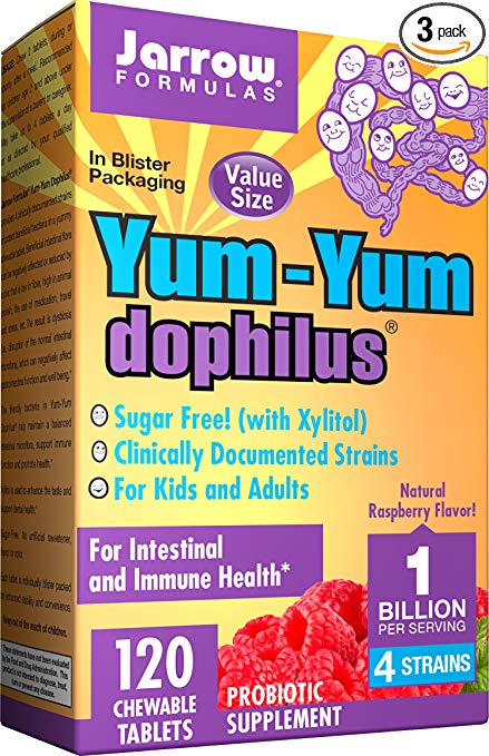 Jarrow Formulas Yum-Yum Dophilus, Supports Children's Gastrointestinal Health, 1 Billion Cells per Chewable Tablet, Raspberry Flavor, 120 Count (Cool Ship, Pack of 3)