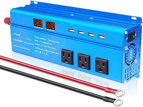 LVYUAN 1000W Pure Sine Wave Inverter with LED Display, 3 U.S. Outlet, USB Charger Ports for Car, Vehicel, RV, Outdoor, Home