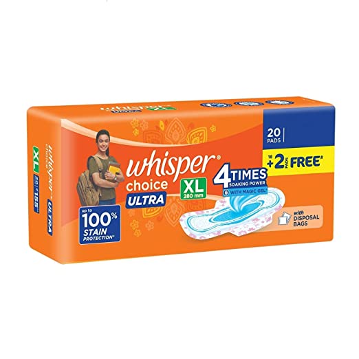 Whisper Choice Ultra XL Sanitary Pads|20 thin Pads|XL|upto 100% Stain protection|side safe Wings|With Liquid lock magic gel|5 cm longer & 20% wider|DRI-weave topsheet|28.4 cm Long|With disposable wrap