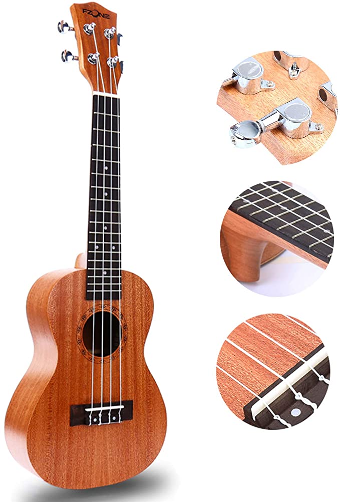 FZONE Soprano Ukulele 21 inch Sapele ukulele Hawaiian 4 strings 15 Fret Mini Uke Beginner Aquila String