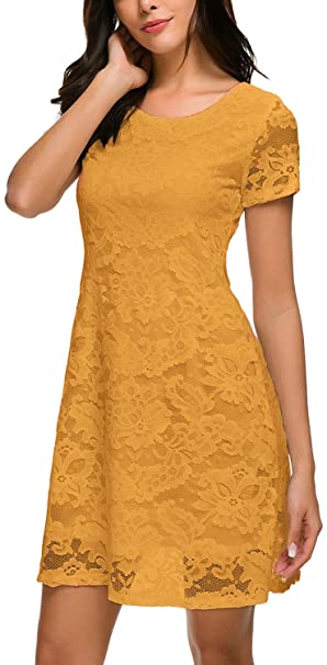 Bloggerlove Women's Short Sleeve Elegant A Line Floral Lace Dress Cocktail Party Mini Dress