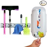 Teikis 5 Slot Mop and Broom Organizer  Wall Mount Grocery Bag Dispenser - Wall Mounted Storage Great use for Garden Tool Closet Garage Storage - Wall Mounted and Garage Organizer