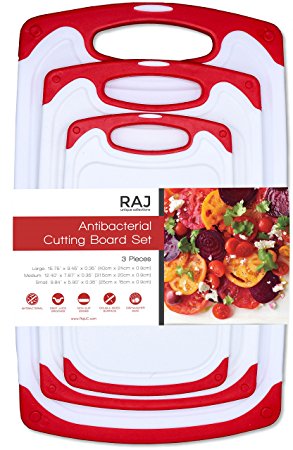 Raj Plastic Cutting Board Set of 3, Reversible Cutting board, Dishwasher Safe, Chopping Boards, Juice Groove, Large Handle, Non-Slip, BPA Free, FDA Approved, White board with Red boarder