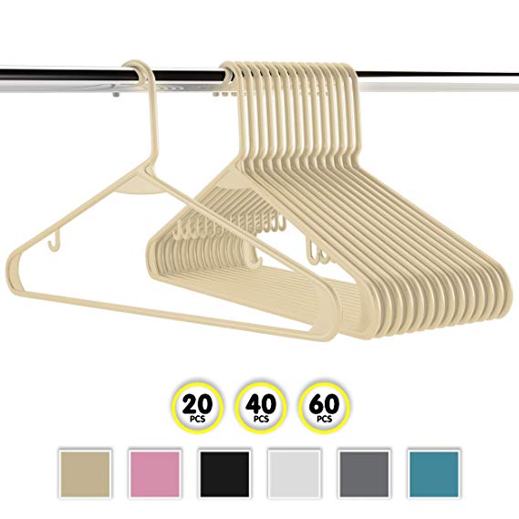 Neaterize Plastic Clothes Hangers| Heavy Duty Durable Coat and Clothes Hangers | Vibrant Colors Adult Hangers | Lightweight Space Saving Laundry Hangers | 20, 40, 60 Available (60 Pack - Beige)