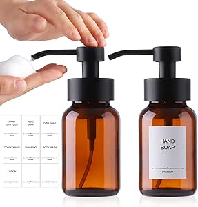 Alotpower Foaming Soap Dispenser 8.5oz 2Pack, Amber Glass Foaming Soap Dispenser, Round Refillable Foaming Hand Soap Dispenser with Labels for Bathroom & Kitchen