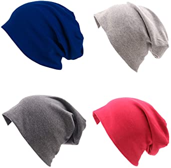 BLUBOON Soft Cotton Slouchy Stretch Beanie Hat Hipster, 4 or 2 Pack of Baggy Chemo Hats for Men and Women