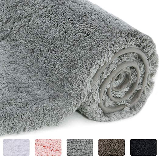 Lifewit Bath Mat Grey, Microfiber Soft Shag Super Water Absorbent Non-Slip Rubber Bathroom Rug, Thick, Machine Washable, 80 x 50 x 4cm