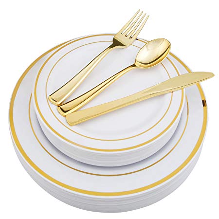 WDF-125 Piece Gold Plastic Silverware&Disposable Plastic Plates- Premium Heavyweight Plastic Place Setting include 25 Dinner Plates, 25 Salad Plates, 25 Forks, 25 Knives, 25 Spoons (Gold)