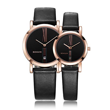 BINLUN Rose Gold Sliver His and Hers Gifts Couple Watches Waterproof Leather Bands Watch Set with Date