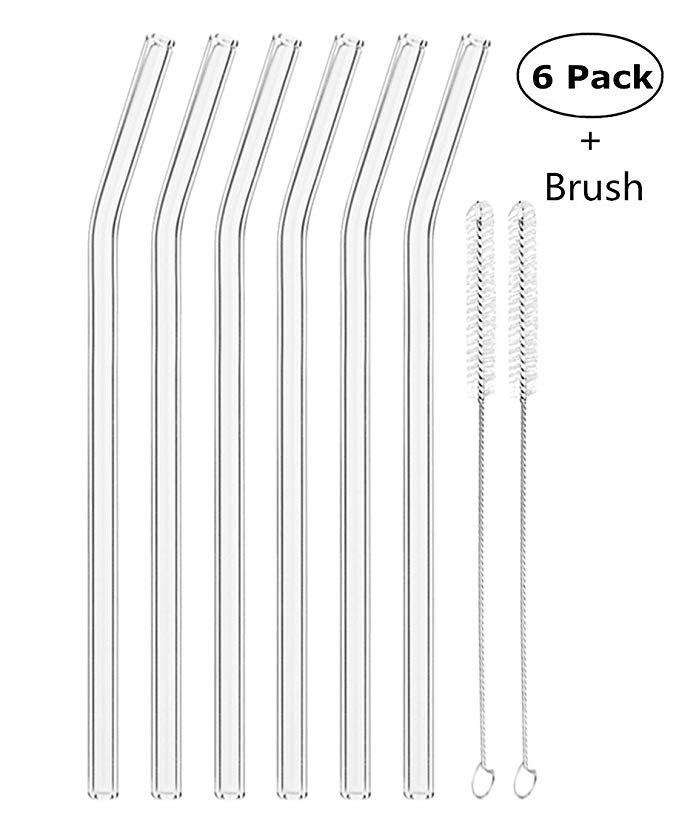 Bent Glass Drinking Straws Reusable Drinking Straws 200mm x 10mm (Bent 8'' x10mm) by KORSMALL, Set of 6 With 2 Cleaning Brushes,Shatter Resistant, Non-Toxic, Eco-Friendly (Transparent)
