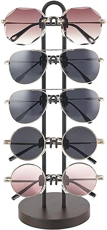 Mkono Sunglasses Organizer Glasses Holder Stand Sunglass Storage Eyeglasses Rack Metal Frame with Wood Base for 5 Pairs of Eyewear Display for Table Desk Countertop Dresser Bedroom, Set of 1, Black