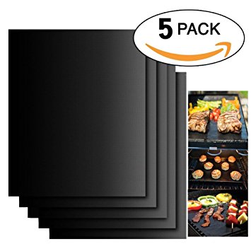 Cookey BBQ Grill Mat Set of 5 - Non Stick Oven Liner Teflon Cooking Mats - Perfect for Baking on Gas, Charcoal, Oven and Electric Grills - Reusable, Durable, Heat Resistant Barbecue Sheets For Grilling Meat, Veggies, Seafood