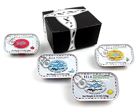 BELA Portuguese Sardines 4-Flavor Variety: One 4.25 oz Tin Each in a BlackTie Box (4 Items Total)