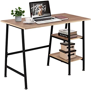 VECELO Writing Computer Study Desk with 2 Tier Storage Shelves on Left or Right,Industrial Simple Style Wood Table Metal Frame for Home Office, 43 in x 20 in x 30 in, Light Oak