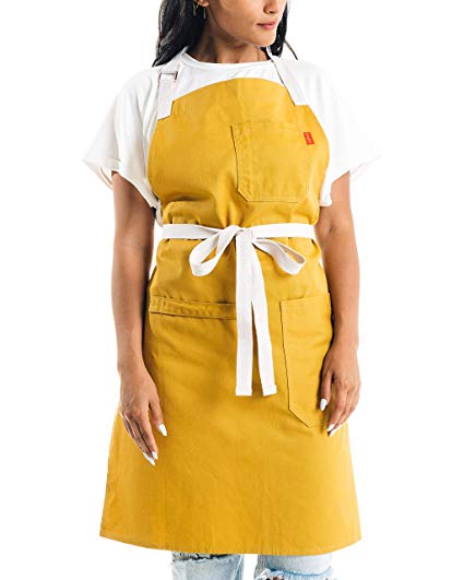 Caldo Cotton Kitchen Apron - Mens and Womens Professional Chef Bib Apron - Adjustable Straps with Pockets and Towel Loop (Mustard)