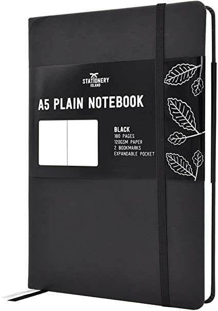 Stationery Island A5 Blank Notebook – Black. Hardback Plain Journal with 180 Pages and Premium 120gsm Paper. for Notes, Planning, Study, Travel, Drawing, Sketching and Projects