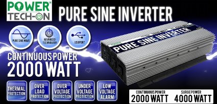 PowerTech ON Advanced Technology PURE SINE WAVE Inverter 2000w Cont/4000w Peak, 12v Dc -120v Ac W/black & Red Cables W/ring Terminals, Remote Switch, Protection System & 4 Output Sockets-PS1003