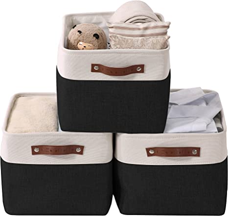 DECOMOMO Storage Bins | Fabric Storage Basket for Shelves for Organizing Closet Shelf Nursery Toy | Decorative Large Linen Closet Organizers with Handles Cubes (Black and White, Large - 3 Pack)