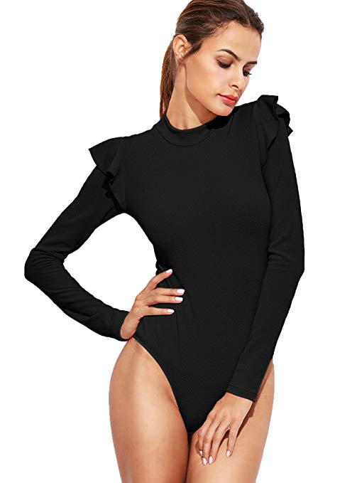 DIDK Women's Plain Round Neck Long Sleeve Ruffle Bodysuit