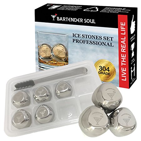 Whiskey Stones Ice Cubes by BARTENDER SOUL (8pcs) with Tongs and Freezer Tray - Non Intrusive Stainless Steel Reusable Rocks for Liquors, White Wine, Beer, Cocktails, Mineral Water