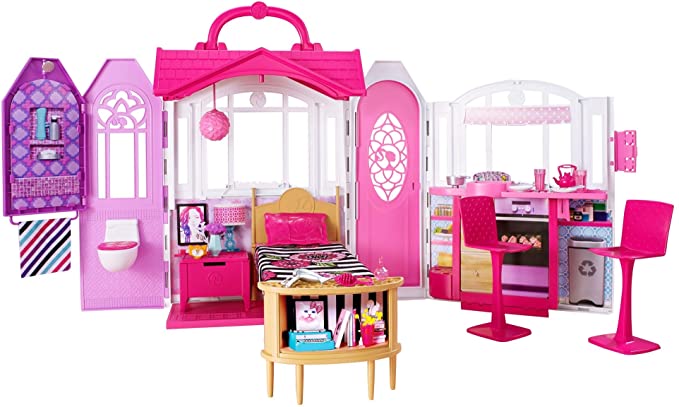 ​Barbie Glam Getaway Portable Dollhouse, 1 Story with Furniture, Accessories and Carrying Handle, for 3 to 7 Year Olds​​​