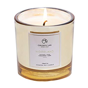 CHLOEFU LAN Scented Candle Patchouli Sandalwood Long Burning (40 hours) Strong Fragrance Soy Aromatherapy Candle for Home Decorative,Relaxing and Best Gifts With Golden Glass Jar(Woodland)