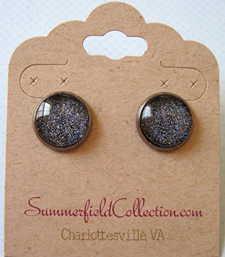 Hematite-Tone Blue Holographic Glitter Glass Galaxy Stud Earrings 1/2" Round