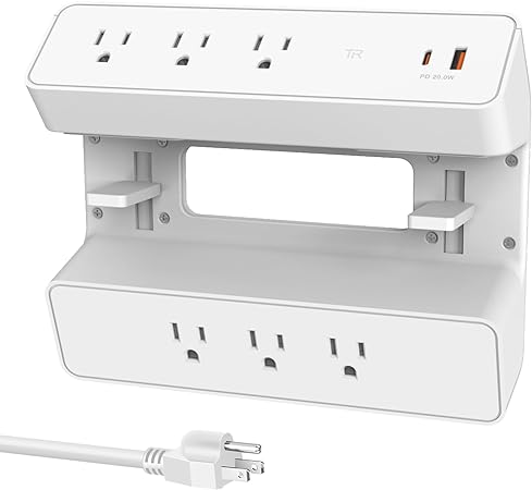 White Desktop Power Strip,Surge Protector,Overload Protection,Removable Mountable Power Outlet Socket Under Desk 6AC Outlests with 1 USB-A Ports,1 PD 20W Fast Charging USB-C Port,6.5 ft Extension Cord