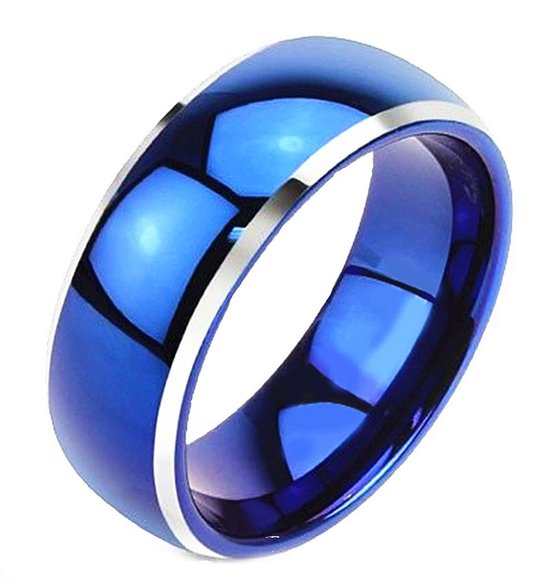 King Will Men's 8mm Tungsten Carbide Ring Two Tone Blue Plated Polish Beveled Edge Wedding Band