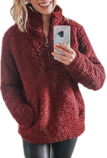 Angashion Fleece 1/4 Zip Up Fuzzy Sherpa Pullover Sweatshirt Fluffy Outerwear Coat for Women with Pockets