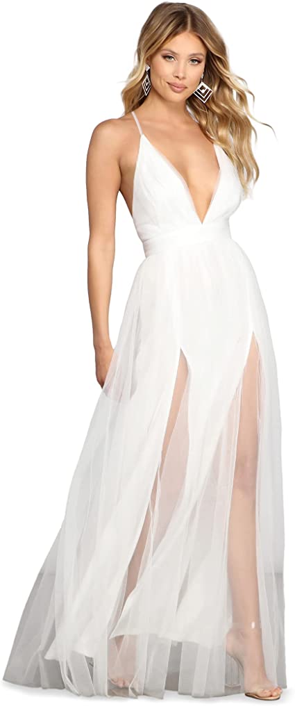 Windsor Long Formal Tulle Dress, Sleeveless V-Neck Tulle Ball Gown with High Front Slits, Weddings, Bridesmaid Dresses,