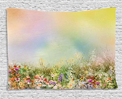 Ambesonne Watercolor Flower Home Decor Tapestry, Cosmos Daisy Cornflower Wildflower Dandelion in Floral Meadow Scene, Wall Hanging for Bedroom Living Room Dorm, 60 W X 40 L Inches, Multi
