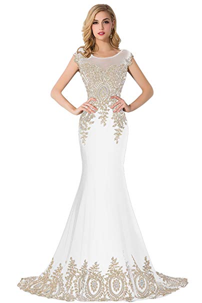 Babyonline Trumpet Long Evening Dress Lace Beads Cap Sleeve Party Prom Gowns
