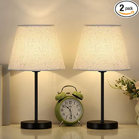 Table Lamps Bedside Lamps Set of 2 Desk Lamps Small Nightstand Lamps with Linen Fabric Lamp Drum Shade for Bedrooms Office Girl Kids