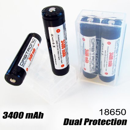 ORBTRONIC 3400mAh FOUR 18650 PROTECTED PANASONIC Li-ion 37V Batteries - 10 Amp Dual Protection - For High Performance Flashlights - Button Top - Battery Cases Included