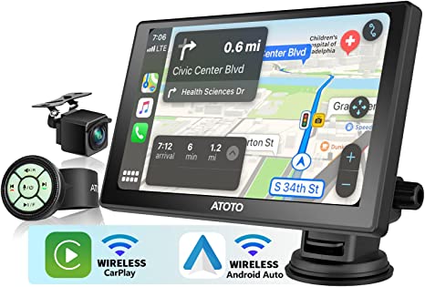 ATOTO P8 Portable 7'' QLED Display Car Radio, with HD 1080P Rear DVR Cam, On-Dash Camera Input, Wireless Carplay & Wireless Android Auto, Remote Control, WDR & Auto Dimmer, P807SD-RC