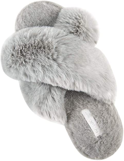 HALLUCI Women's Cross Band Soft Plush Fleece House Indoor or Outdoor Slippers