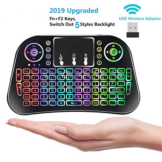 Wishpower Wireless Mini Keyboards/Wireless Remote Keyboards Mini with Touchpad Mouse/Multimedia Key for Android TV Box/Laptop,Rechargable Battery.Fn F2 Keys,Switch Out 5 Styles LED Background Color.