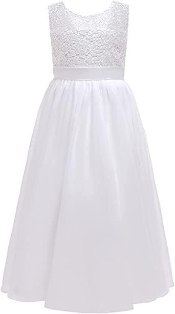 A line Lace Flower Girl Dresses Sleeveless White First Communion Dresses for Wedding Pageant