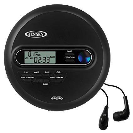 Jensen Portable CD Player Personal CD/MP3 Player   AM/FM Radio   with LCD Display Bass Boost 60-Second Anti Skip CD R/RW/Compatible  Sport Earbuds Included (Limited Edition Black Series)