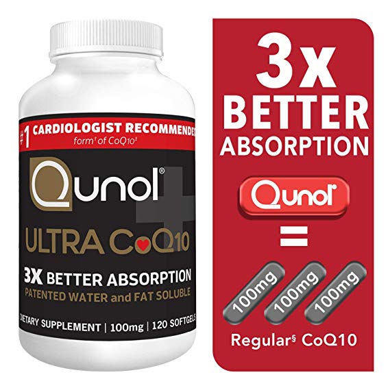 Qunol Ultra CoQ10 100mg, 3X Better Absorption, Patented Water and Fat Soluble Natural Supplement Form of Coenzyme Q10, Antioxidant for Heart Health, 120 Count Softgels