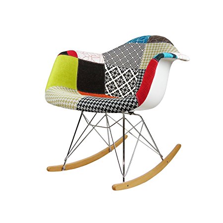 ModHaus Mid Century Modern Eames Style RAR Patchwork Fabric Upholstered Rocking Rocker Chair
