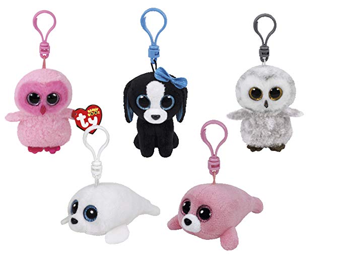 Bundle Set of 5 Clips Key Chain Plush Toys Pink Owl, Black Dog, White Owl, White Seal and Pink Seal with Bonus One Animal Puzzle Eraser